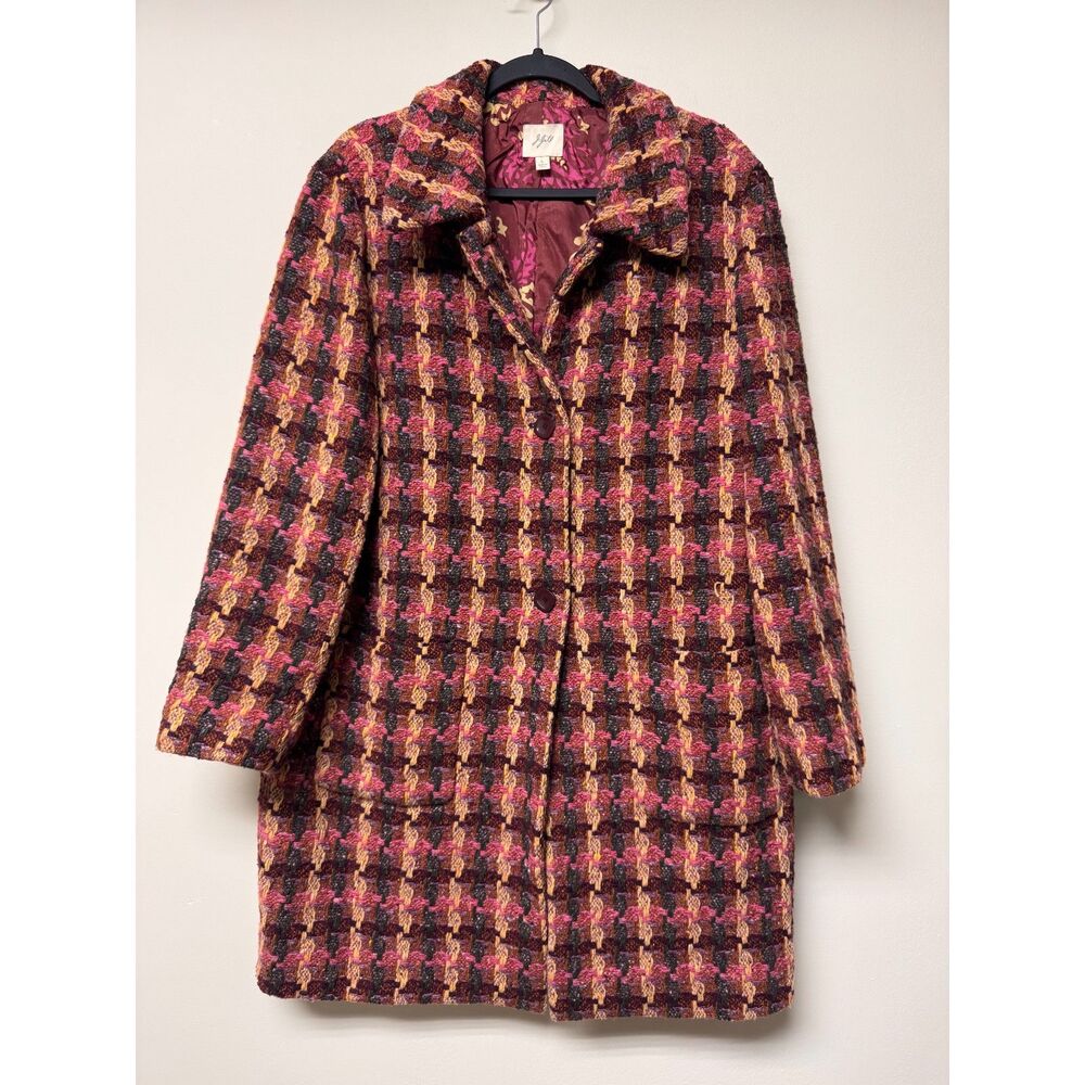 VINTAGE - J. JILL Wool Blend Textured Houndstooth Brown/Pink/Yellow/Grn Coat, L